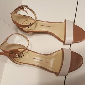 Isaac Mizrahi Live Women's Katie Ankle Strap Wedge Leather Sandal 9.5W Cream/Tan